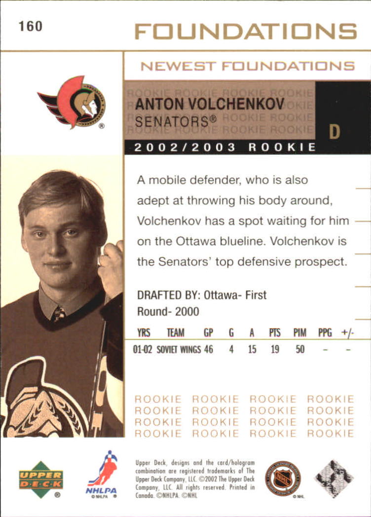 2002-03 Upper Deck Foundations #160 Anton Volchenkov NF RC back image