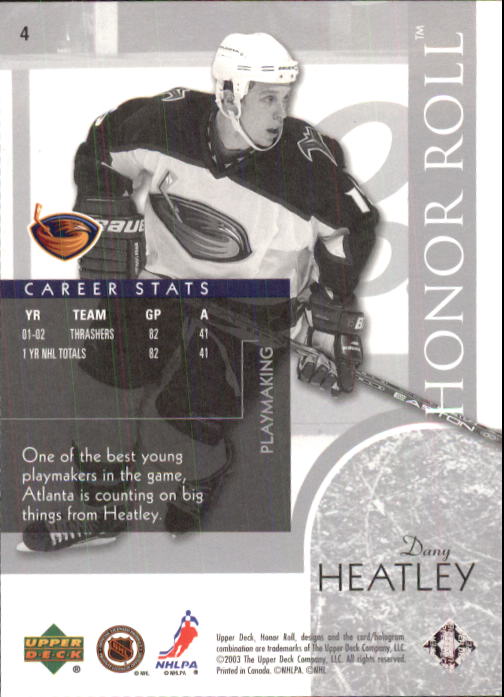 2002-03 Upper Deck Honor Roll #4 Dany Heatley back image