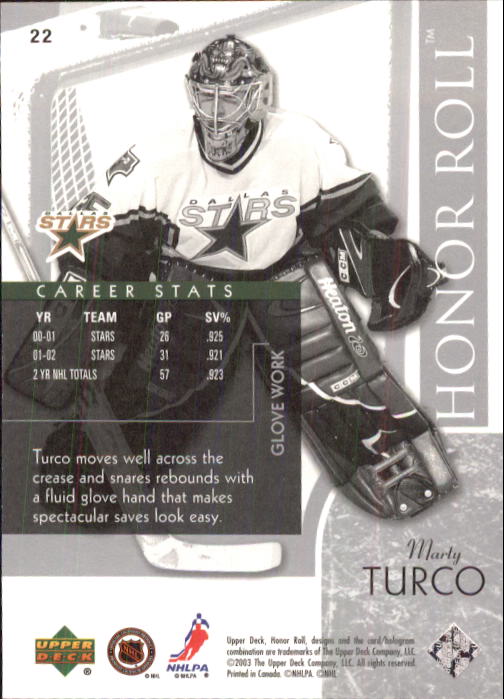 2002-03 Upper Deck Honor Roll - #22 Marty Turco