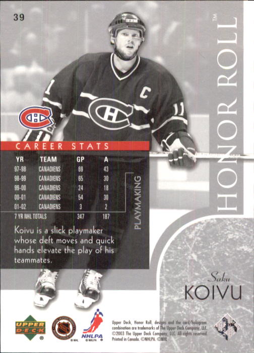 2002-03 Upper Deck Honor Roll - #22 Marty Turco