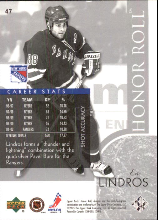 2002-03 Upper Deck Honor Roll #47 Eric Lindros back image