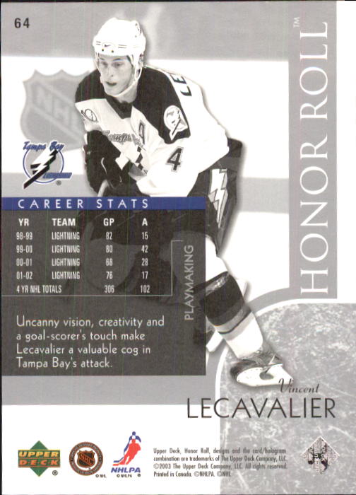 2002-03 Upper Deck Honor Roll #64 Vincent Lecavalier back image
