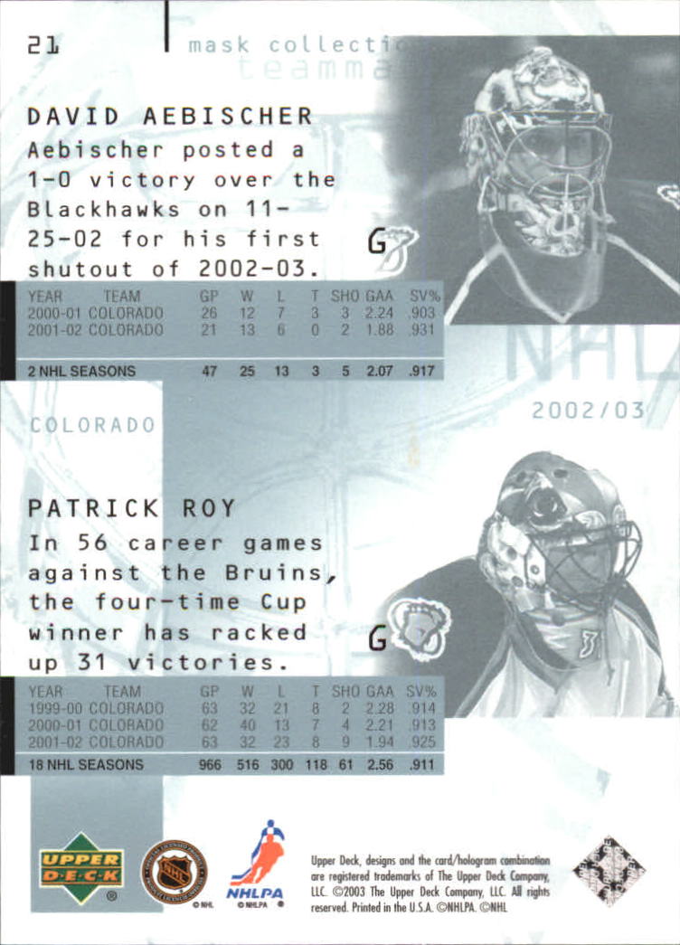 2002-03 UD Mask Collection #21 Patrick Roy/David Aebischer back image