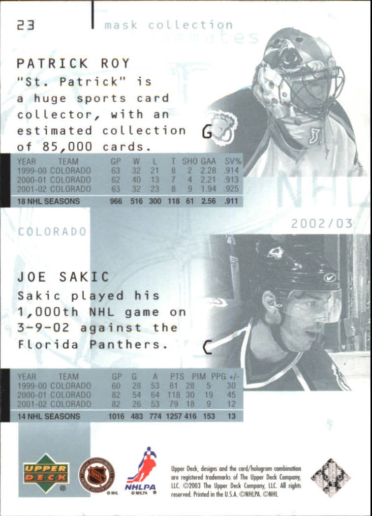 2002-03 UD Mask Collection #23 Joe Sakic/Patrick Roy back image