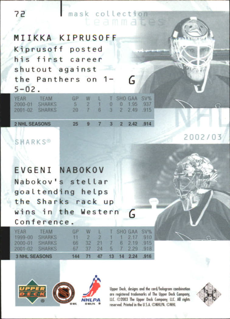 2002-03 UD Mask Collection #72 Evgeni Nabokov/Miikka Kiprusoff back image