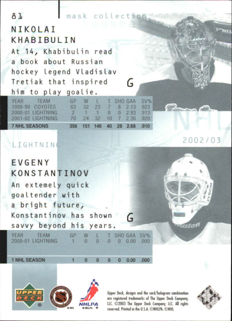 2002-03 UD Mask Collection #79 Nikolai Khabibulin/Kevin Hodson - NM-MT -  Wonder Water Sports Cards, Comics & Gaming!