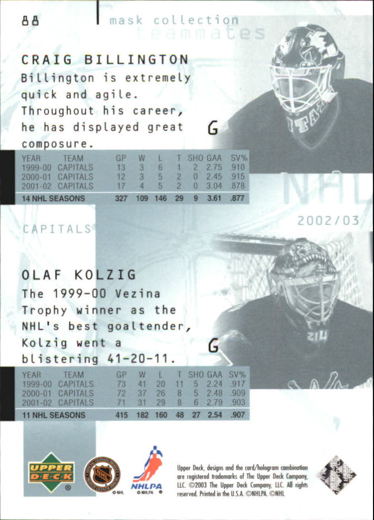 2002-03 UD Mask Collection #88 Olaf Kolzig/Craig Billington back image