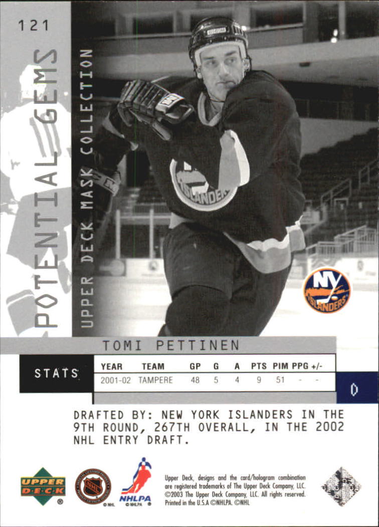 2002-03 UD Mask Collection #121 Tomi Pettinen RC back image