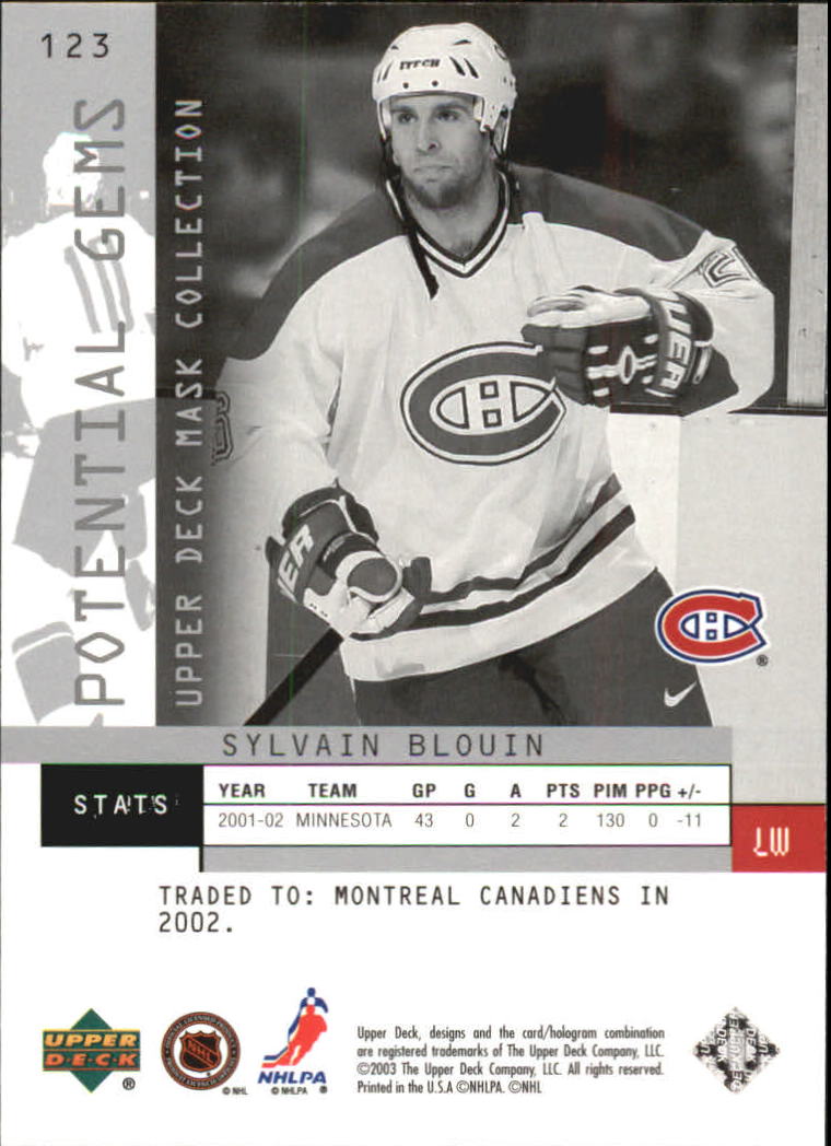 2002-03 UD Mask Collection #123 Sylvain Blouin RC back image