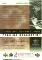 2002-03 UD Premier Collection Signatures Bronze #ASJI Jarome Iginla back image