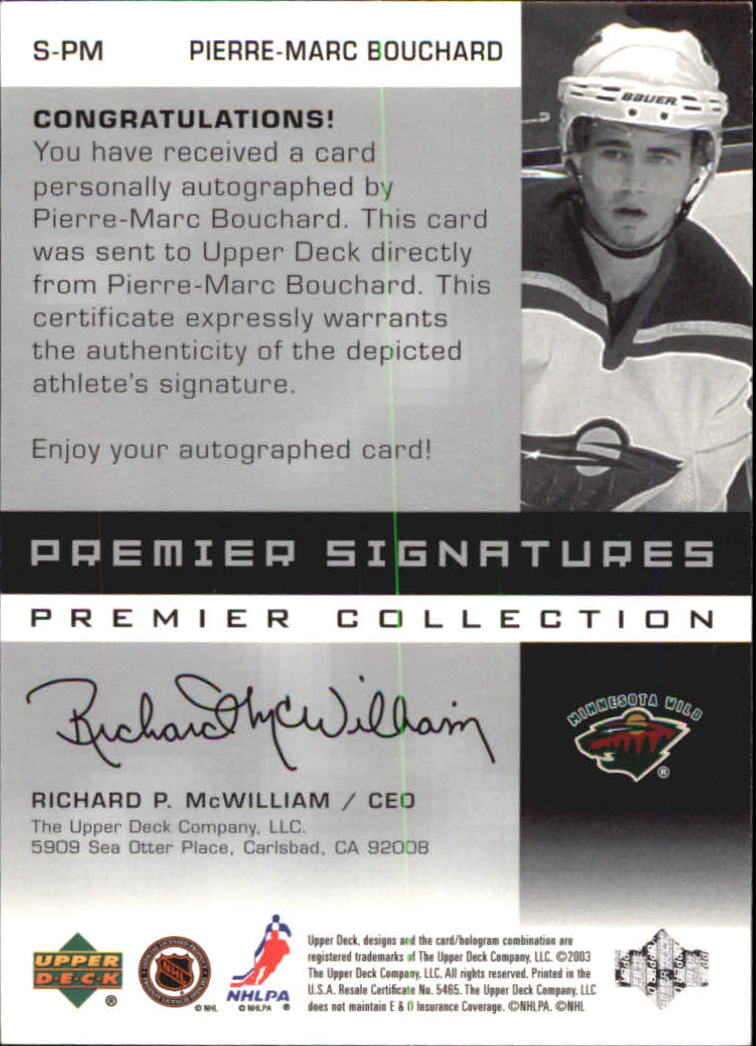 2002-03 UD Premier Collection Signatures Silver #SPM P-M Bouchard back image