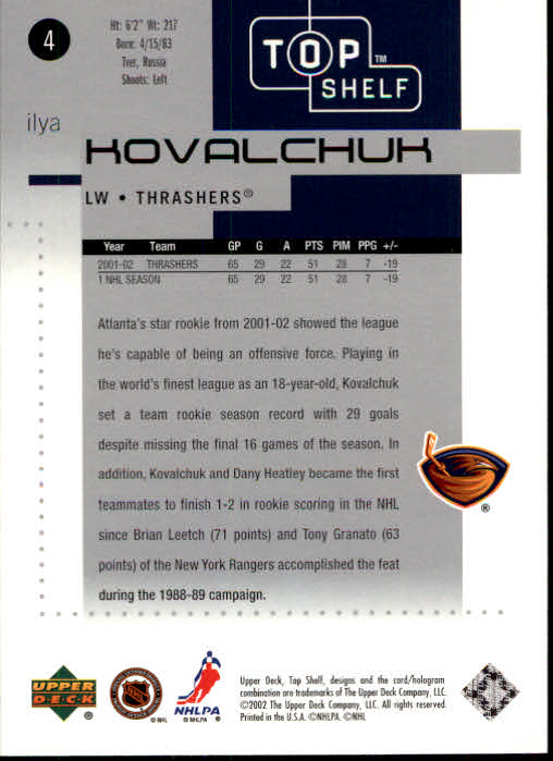 2002-03 UD Top Shelf #4 Ilya Kovalchuk back image