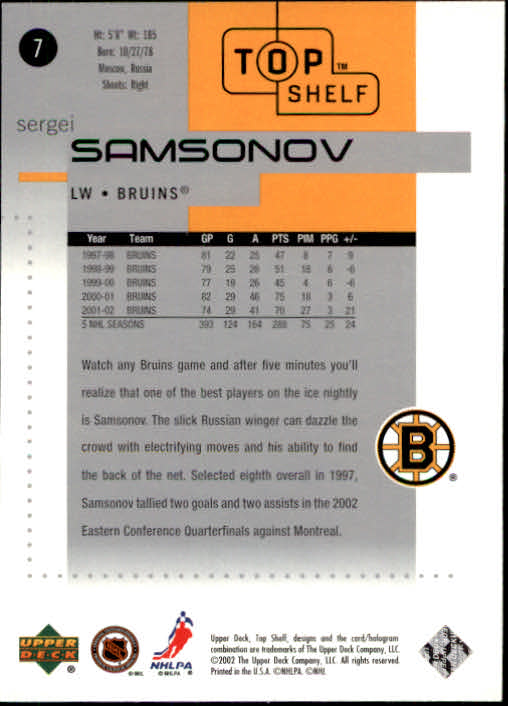 2002-03 UD Top Shelf #7 Sergei Samsonov back image