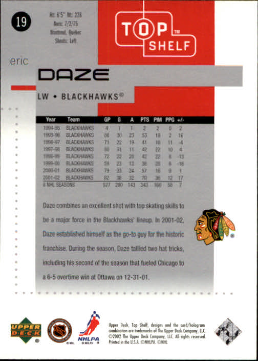 2002-03 UD Top Shelf #19 Eric Daze back image