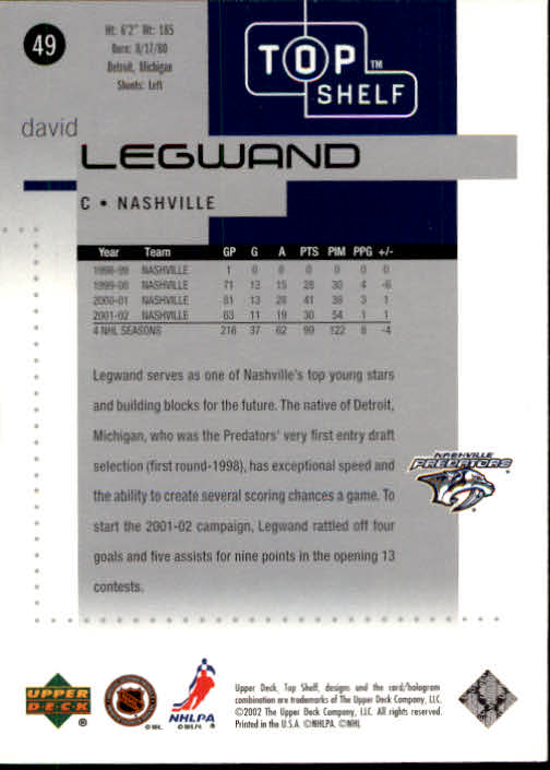 2002-03 UD Top Shelf #49 David Legwand back image