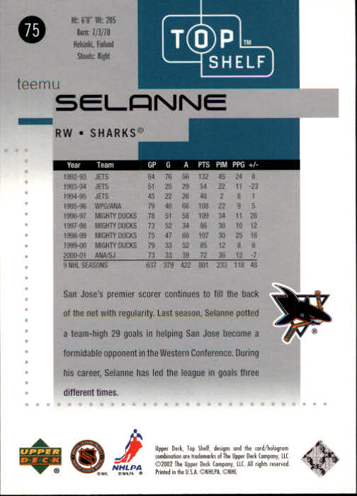 2002-03 UD Top Shelf #75 Teemu Selanne back image