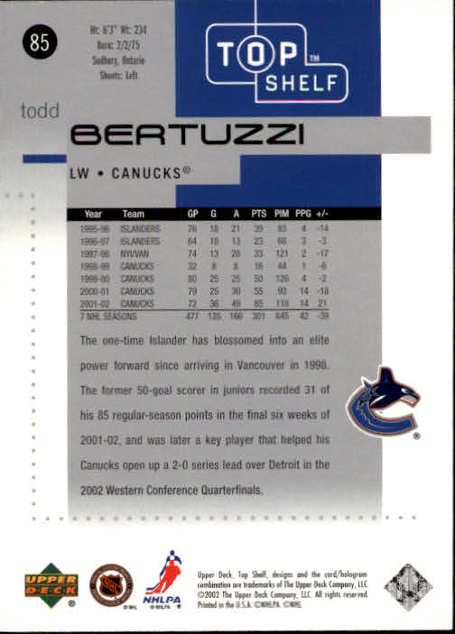2002-03 UD Top Shelf #85 Todd Bertuzzi back image