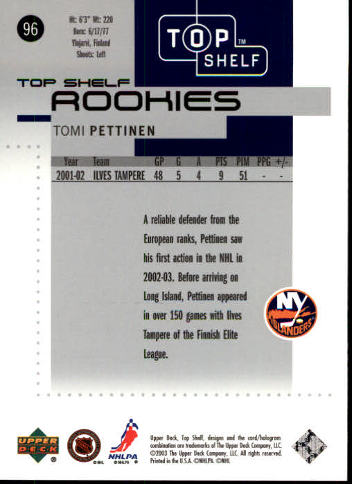 2002-03 UD Top Shelf #96 Tomi Pettinen RC back image