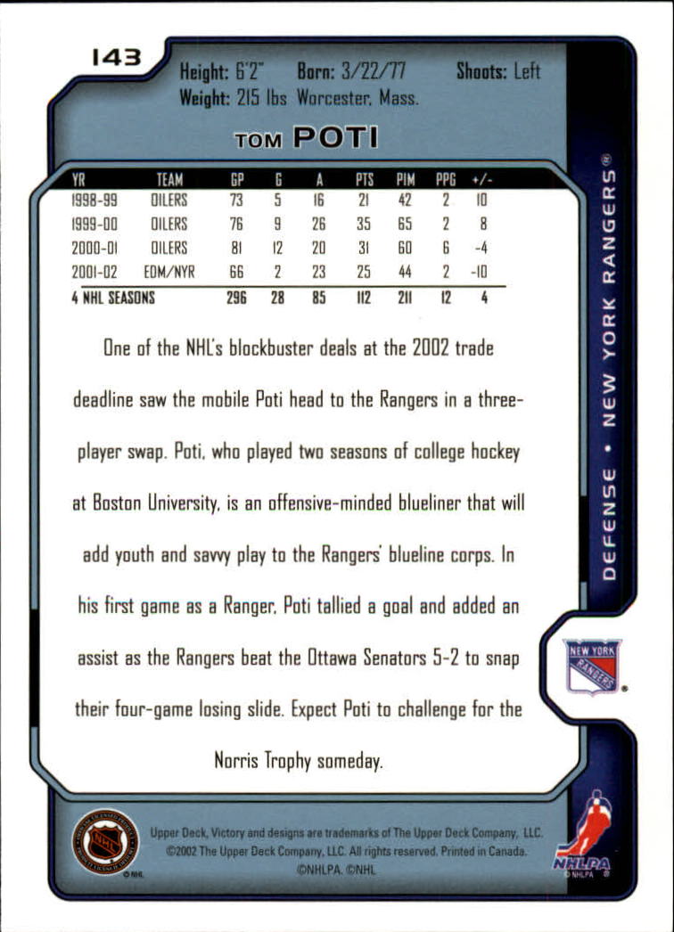 2002-03 Upper Deck Victory #143 Tom Poti back image