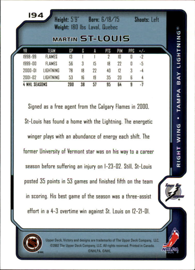 2002-03 Upper Deck Victory #194 Martin St. Louis back image
