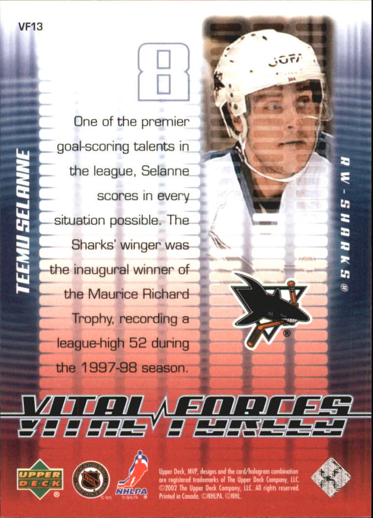 2002-03 Upper Deck MVP Vital Forces #VF13 Teemu Selanne back image