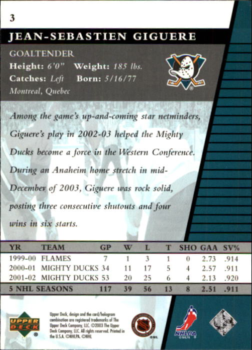 2002-03 Upper Deck Rookie Update #3 Jean-Sebastien Giguere back image