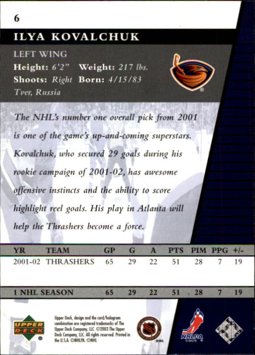 2002-03 Upper Deck Rookie Update #6 Ilya Kovalchuk back image