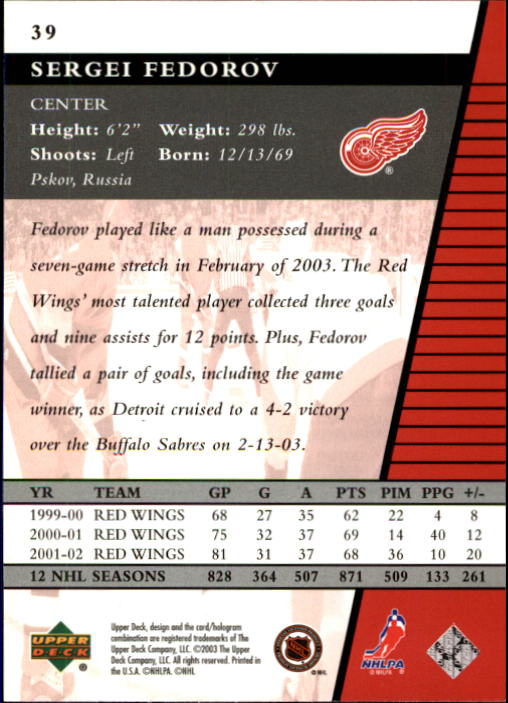 2002-03 Upper Deck Rookie Update #39 Sergei Fedorov back image