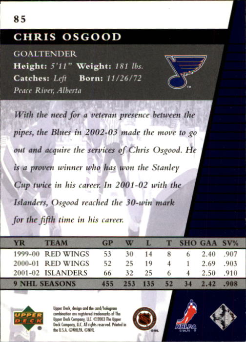 2002-03 Upper Deck Rookie Update #85 Chris Osgood back image