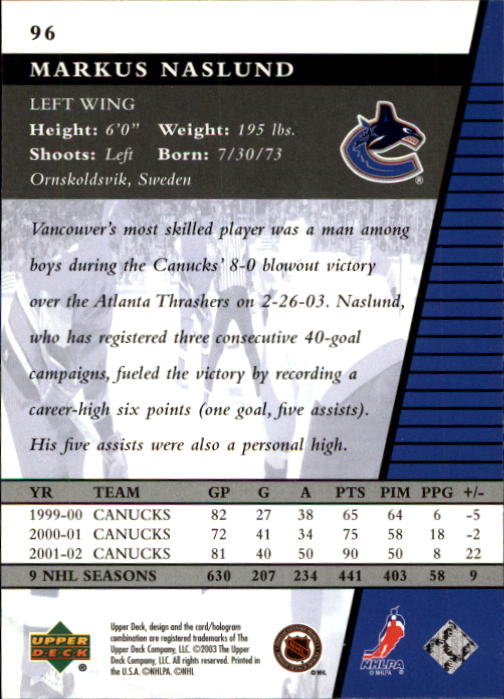 2002-03 Upper Deck Rookie Update #96 Markus Naslund back image