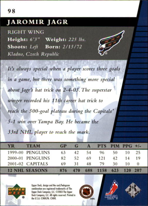 2002-03 Upper Deck Rookie Update #98 Jaromir Jagr back image