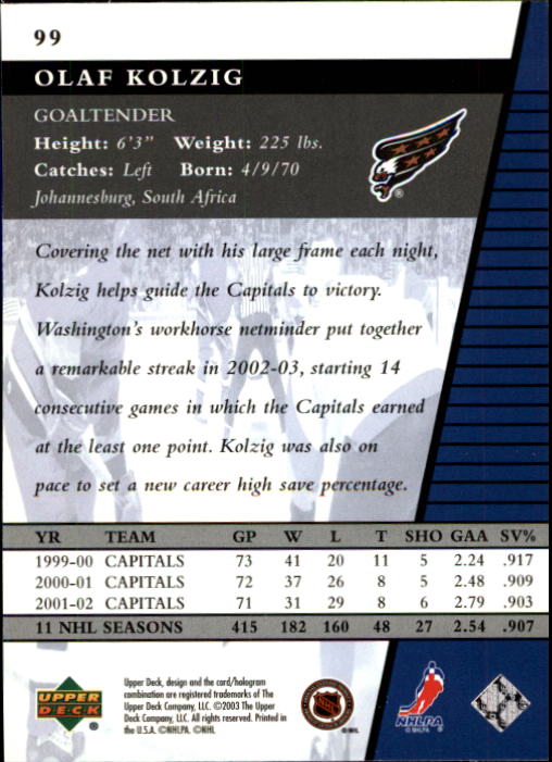 2002-03 Upper Deck Rookie Update #99 Olaf Kolzig back image