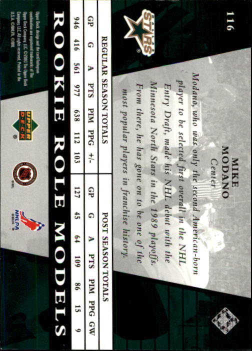 2002-03 Upper Deck Rookie Update #116 Mike Modano RRM back image
