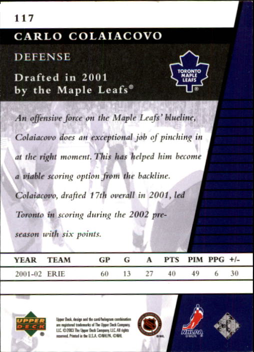 2002-03 Upper Deck Rookie Update #117 Carlo Colaiacovo RC back image
