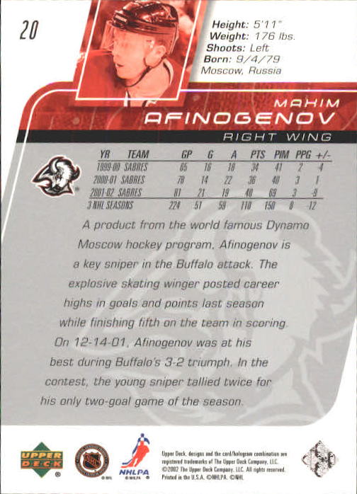 2002-03 Upper Deck #20 Maxim Afinogenov back image