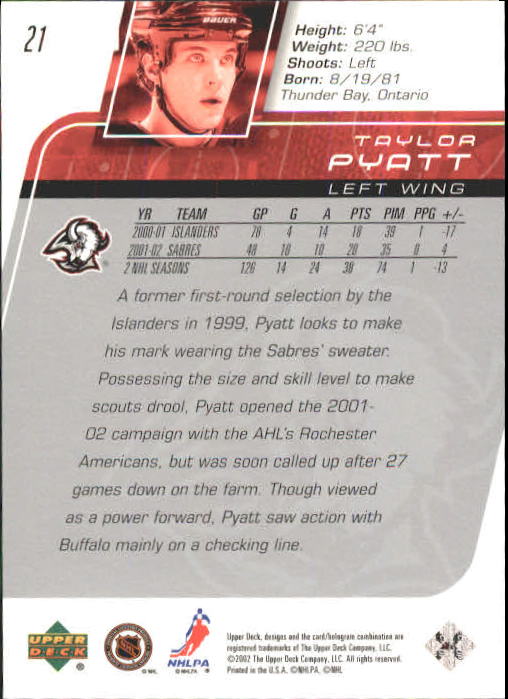 2002-03 Upper Deck #21 Taylor Pyatt back image