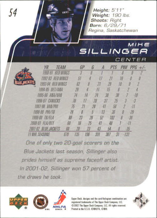 2002-03 Upper Deck #54 Mike Sillinger back image