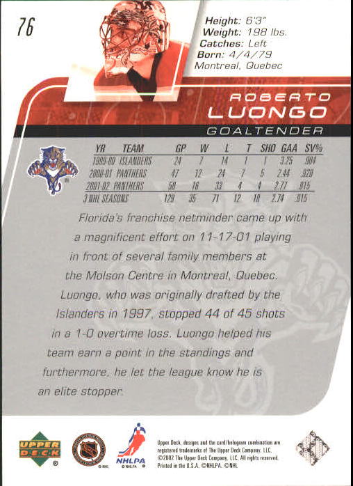 2002-03 Upper Deck #76 Roberto Luongo back image
