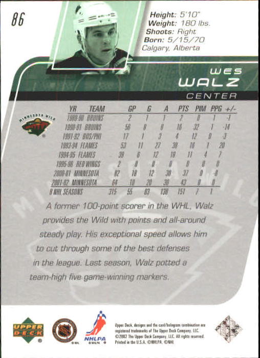 2002-03 Upper Deck #86 Wes Walz back image