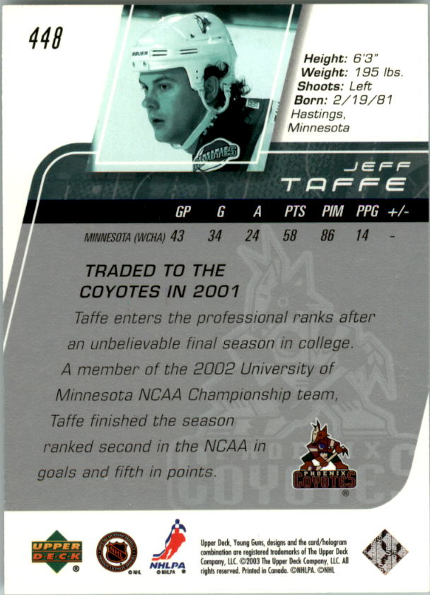 2002-03 Upper Deck #448 Jeff Taffe YG RC back image