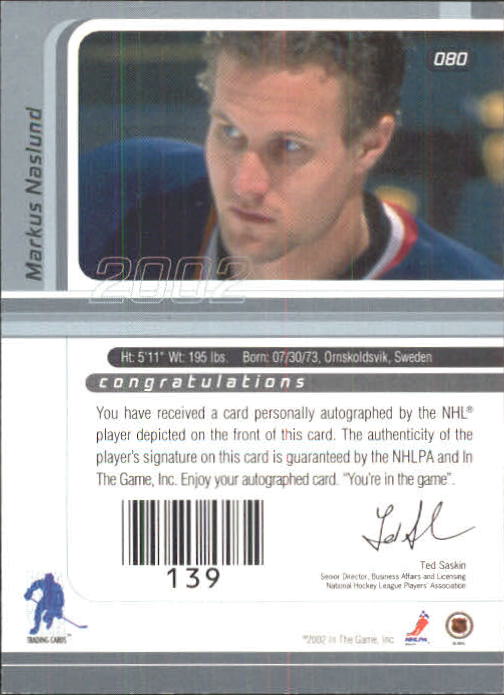 2002-03 BAP Signature Series Autograph Buybacks 2001 #80 Markus Naslund back image