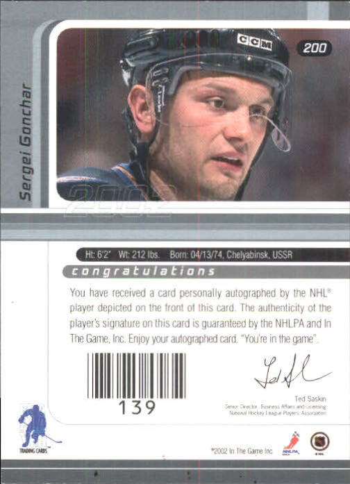 2002-03 BAP Signature Series Autograph Buybacks 2001 #200 Sergei Gonchar back image