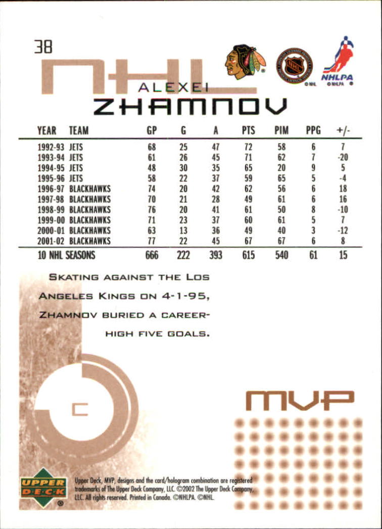 2002-03 Upper Deck MVP #38 Alexei Zhamnov back image