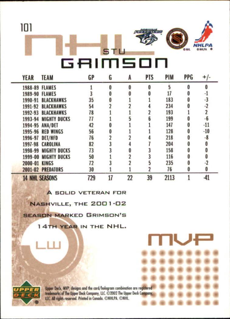 2002-03 Upper Deck MVP #101 Stu Grimson back image