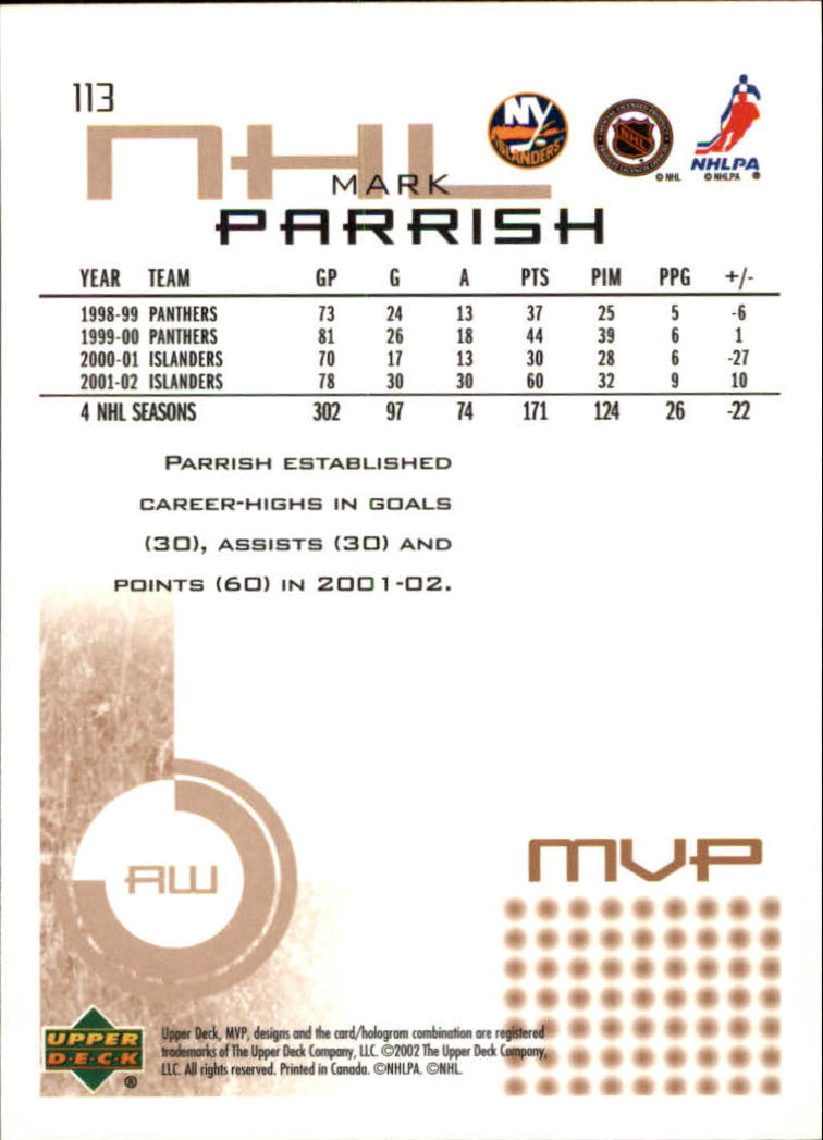 2002-03 Upper Deck MVP #113 Mark Parrish back image