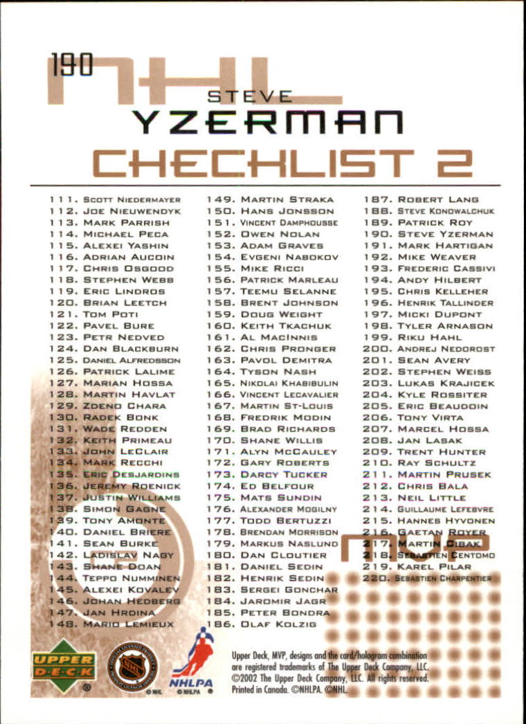 2002-03 Upper Deck MVP #190 Steve Yzerman back image