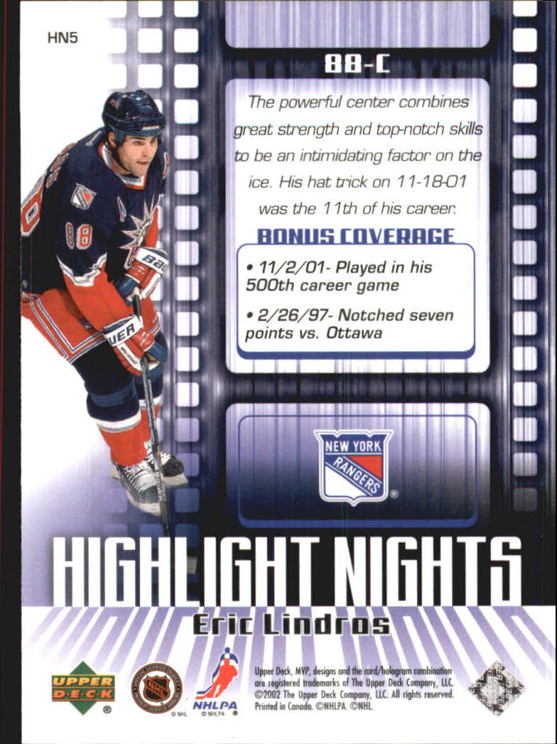 2002-03 Upper Deck MVP Highlight Nights #HN5 Eric Lindros back image