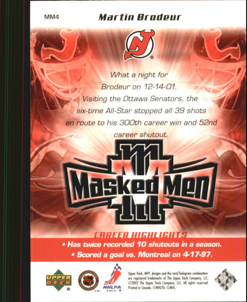 2002-03 Upper Deck MVP Masked Men #MM4 Martin Brodeur back image