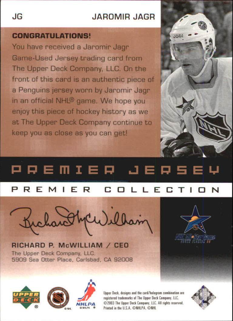2002-03 UD Premier Collection Jerseys Bronze #JG Jaromir Jagr back image