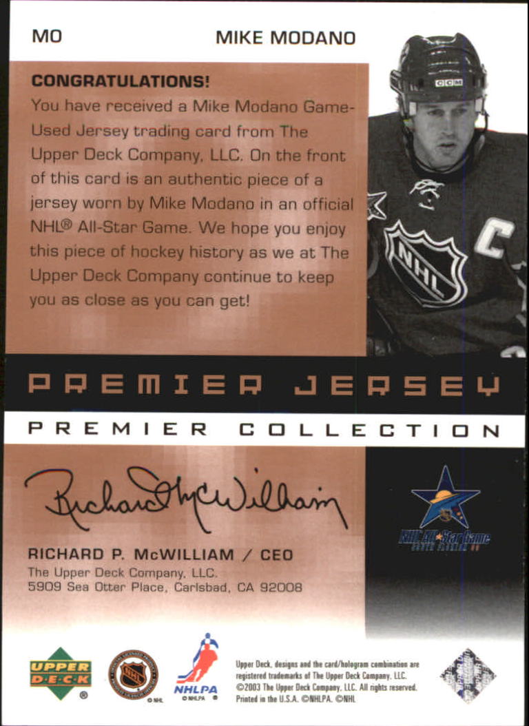 2002-03 UD Premier Collection Jerseys Bronze #MO Mike Modano back image